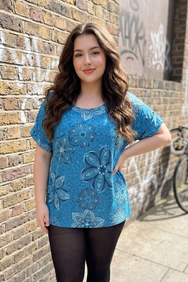 Abstract Floral Print Tunic Cotton Top for Women - Turquoise