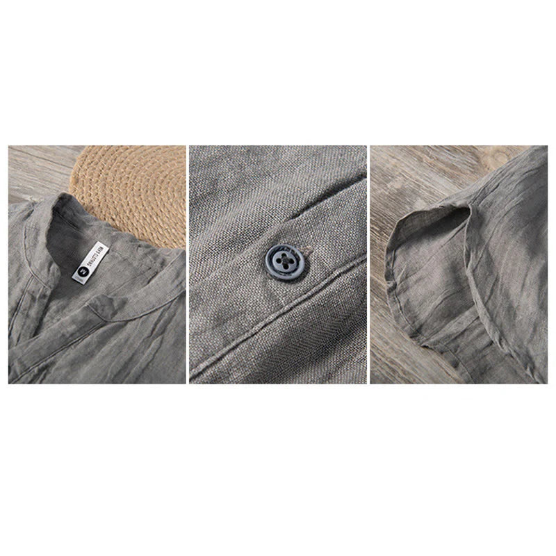 Solid Colour Half-Button Linen Cotton Shirt for Men - gallery
