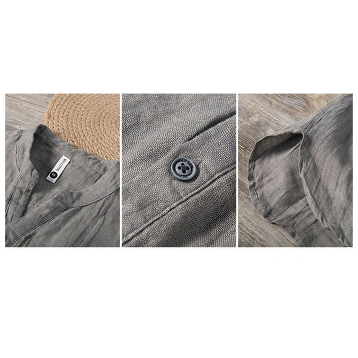 Solid Colour Half-Button Linen Cotton Shirt for Men - gallery
