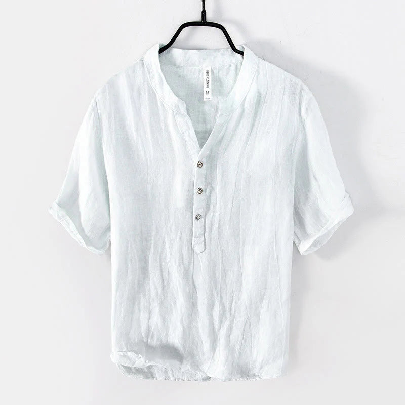 Solid Colour Half-Button Linen Cotton Shirt for Men - gallery
