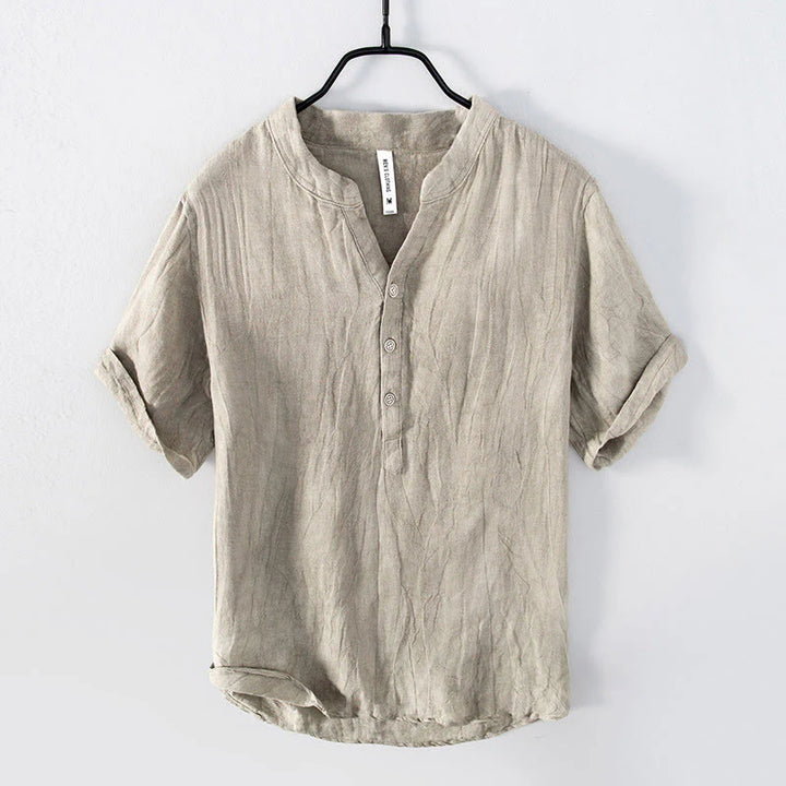 Solid Colour Half-Button Linen Cotton Shirt for Men - gallery