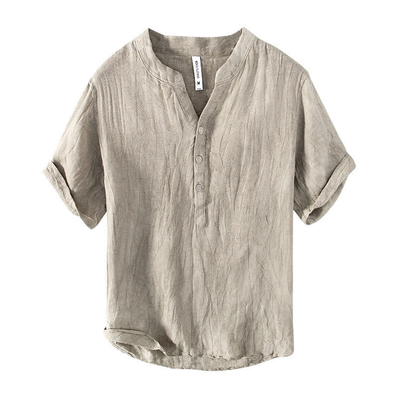 Solid Colour Half-Button Linen Cotton Shirt for Men - gallery
