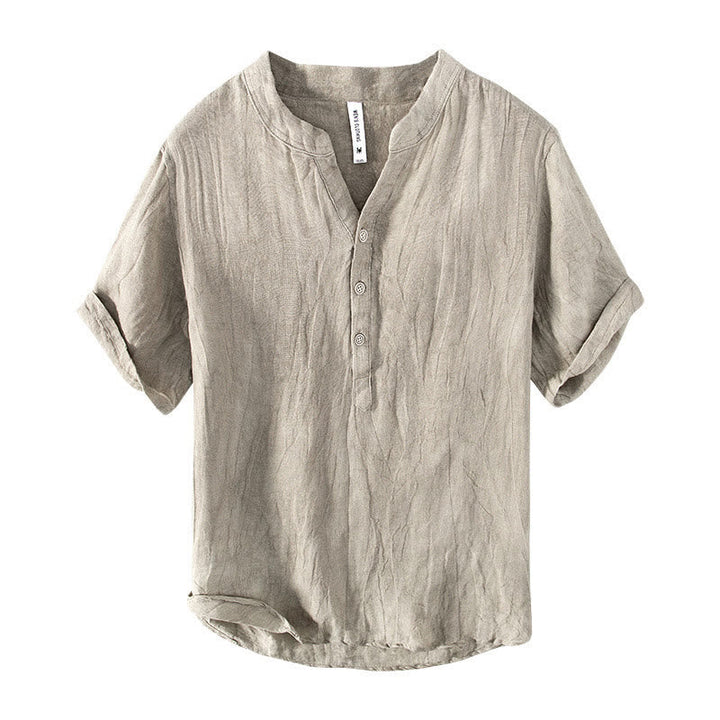 Solid Colour Half-Button Linen Cotton Shirt for Men - gallery