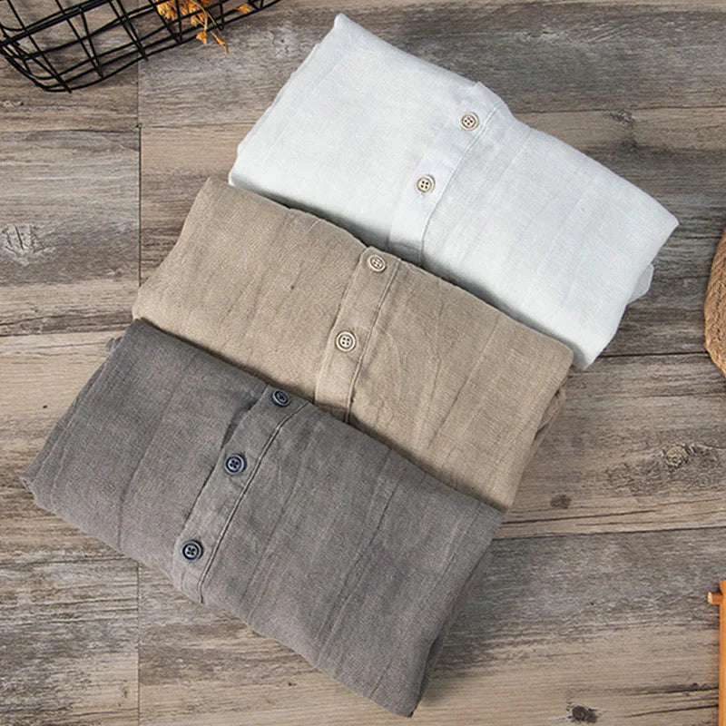 Solid Colour Half-Button Linen Cotton Shirt for Men - gallery