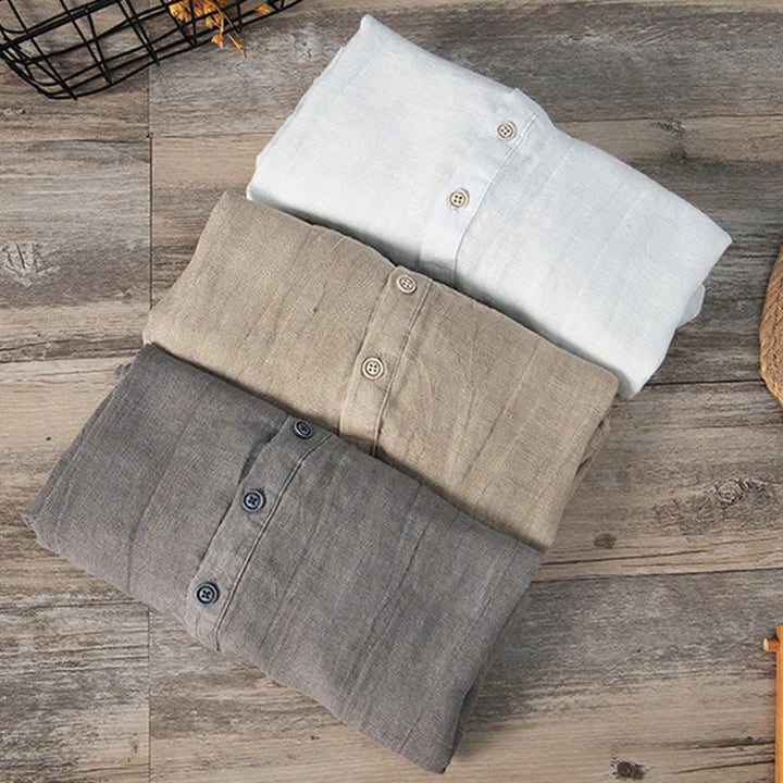 Solid Colour Half-Button Linen Cotton Shirt for Men - gallery