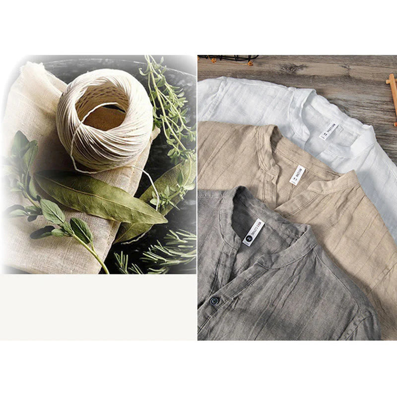 Solid Colour Half-Button Linen Cotton Shirt for Men - gallery