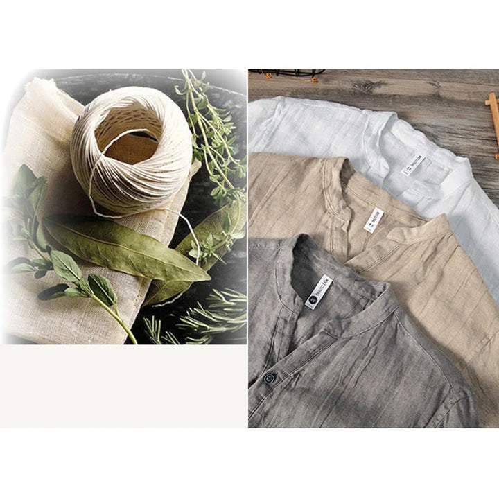 Solid Colour Half-Button Linen Cotton Shirt for Men - gallery