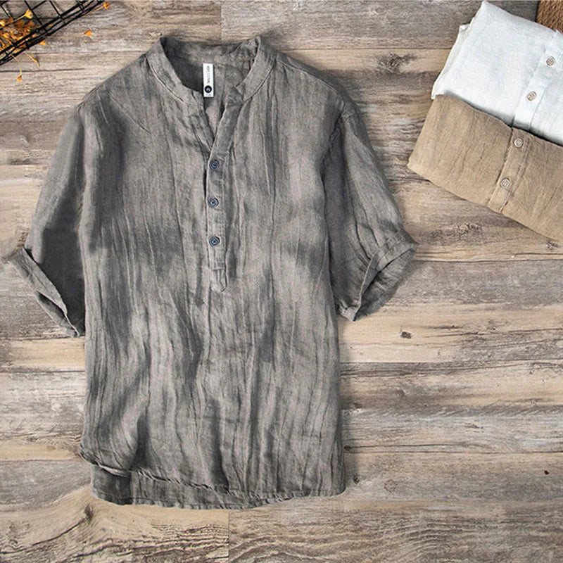 Solid Colour Half-Button Linen Cotton Shirt for Men - gallery