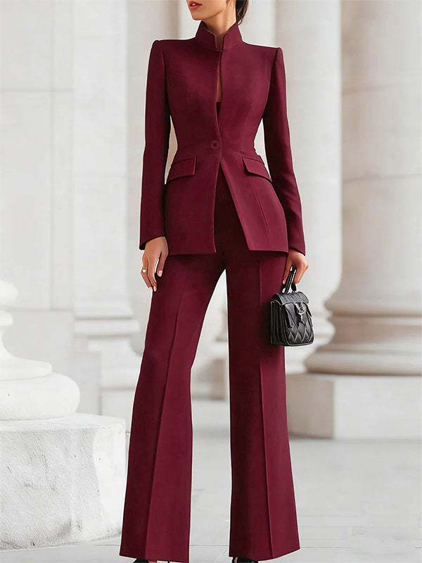 Long Sleeves Buttoned Pockets Solid Color Stand Collar Blazer Outerwear - gallery