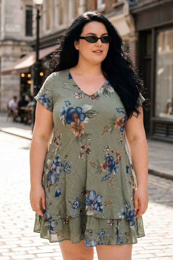 Flower Print Flared Hem Cotton Dress