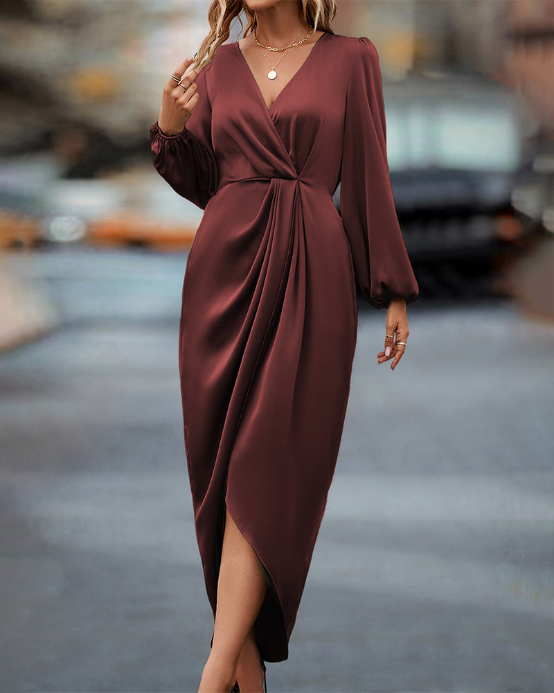V-Neck Midi Dress with Lantern Sleeves in Bordeaux Red