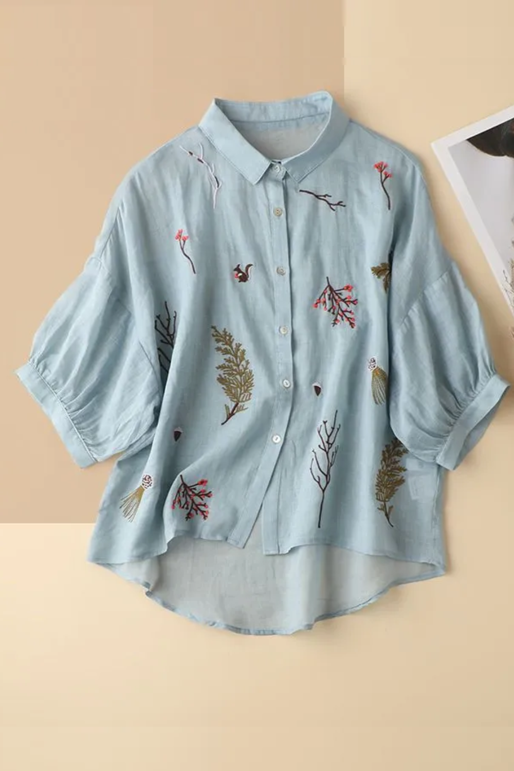 Summer Solid Collar Cotton Three Quarter Shirt Vintage Embroidered Loose Ca