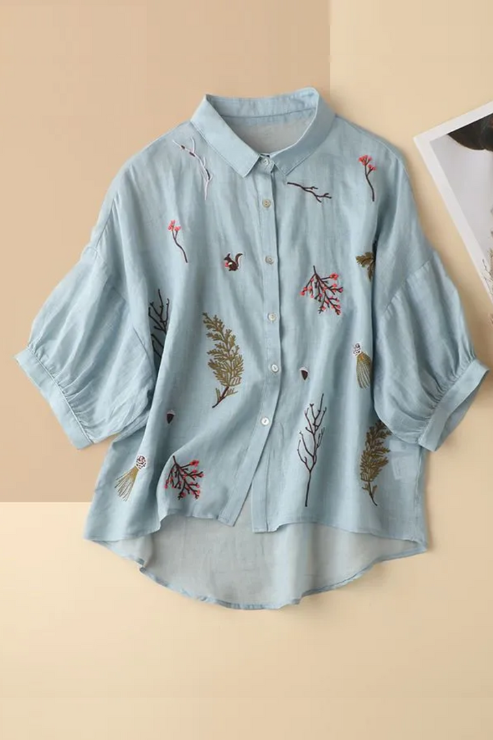 Summer Solid Collar Cotton Three Quarter Shirt Vintage Embroidered Loose Ca