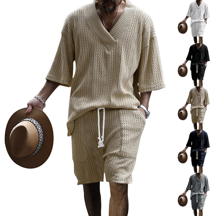 Jacquard V-Neck T-Shirt and Drawstring Shorts Set for Men