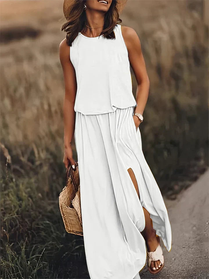 Solid Colour Maxi Dress with a Loose, Fluid Fit