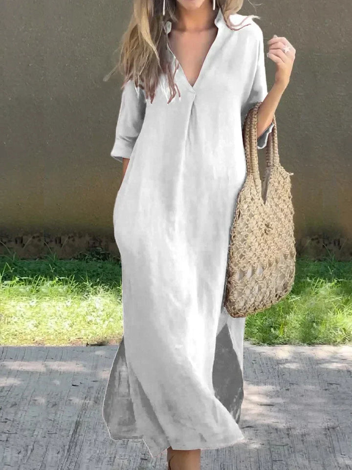 V-Neck Cotton Dress with Built-In Pockets for Women