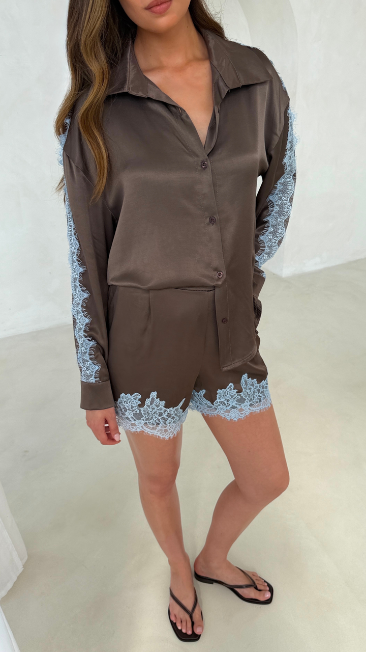 Cleo Satin Lace Shirt Top for Women