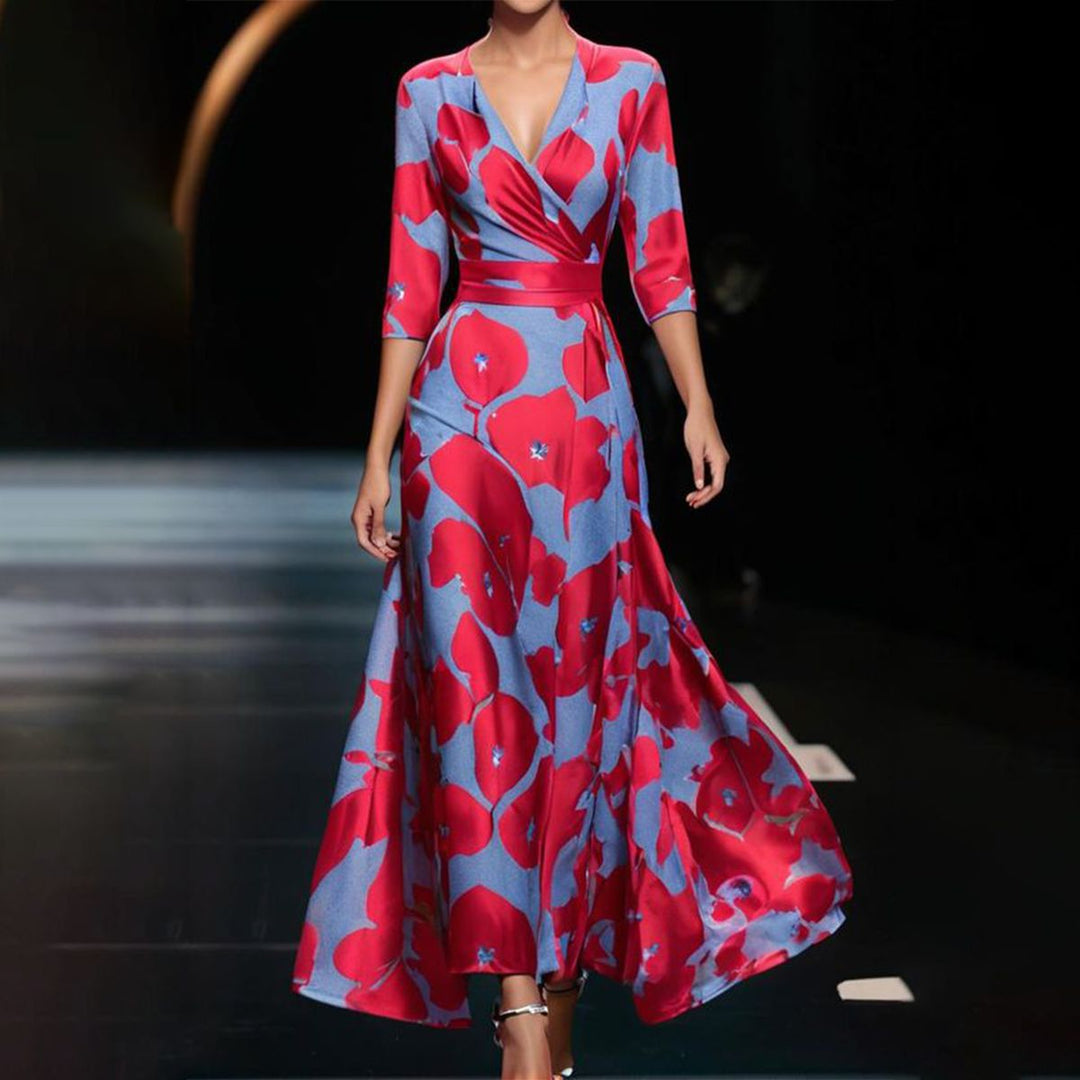 Flowing V-Neck Maxi Dress with Three-Quarter Sleeves