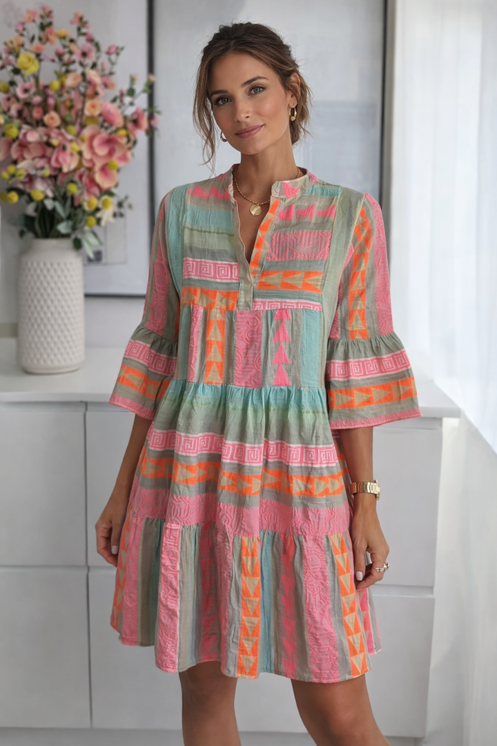 Solene - Printed V-Neck Loose Midi Dress for Women