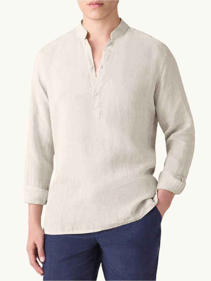 Beige Egyptian Linen Popover Shirt with Grandad Collar