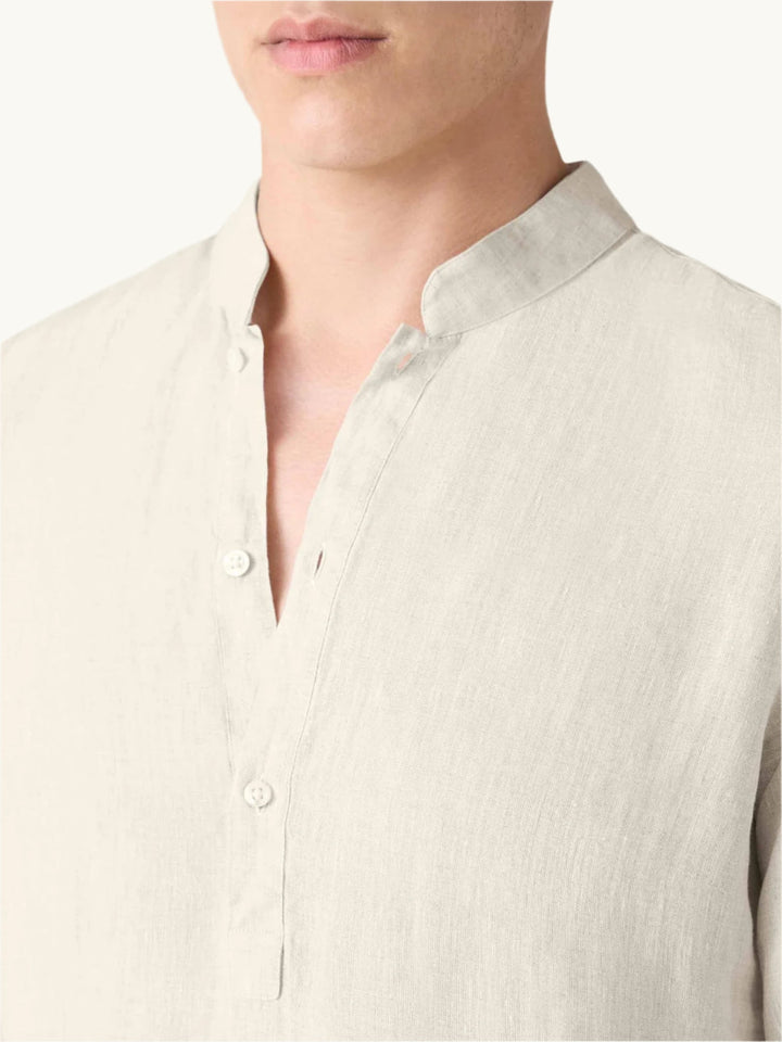 Beige Egyptian Linen Popover Shirt with Grandad Collar - gallery