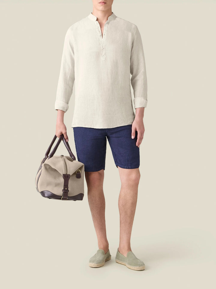 Beige Egyptian Linen Popover Shirt with Grandad Collar - gallery