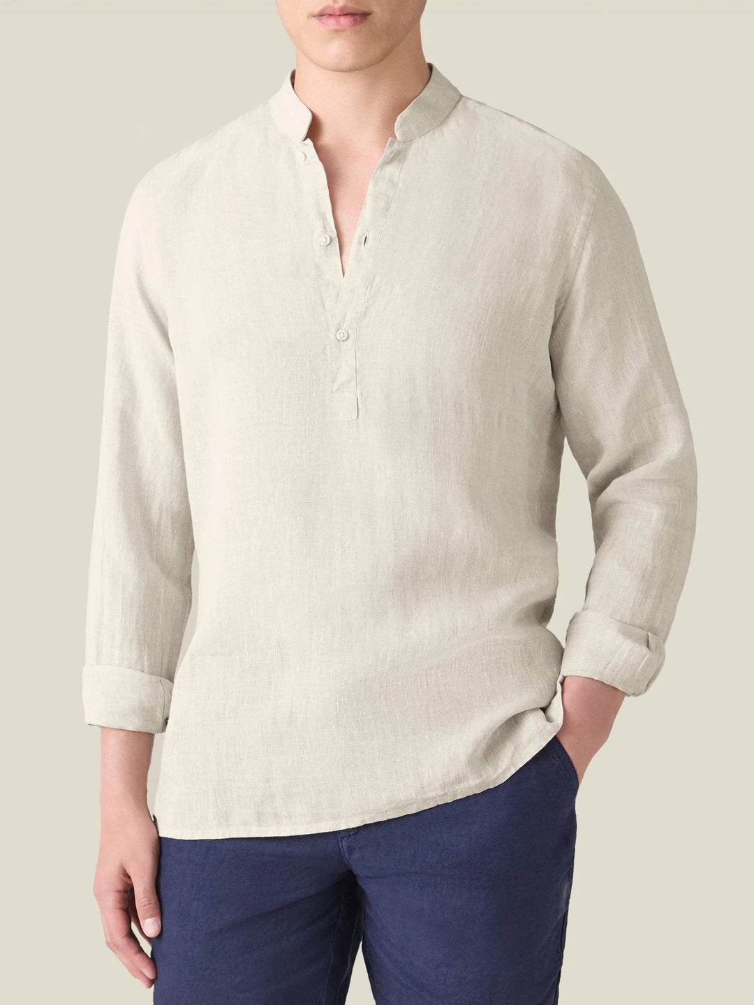 Beige Egyptian Linen Popover Shirt with Grandad Collar - gallery