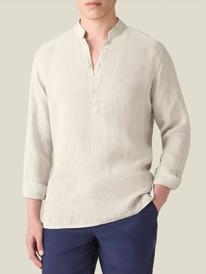 Beige Egyptian Linen Popover Shirt with Grandad Collar - gallery