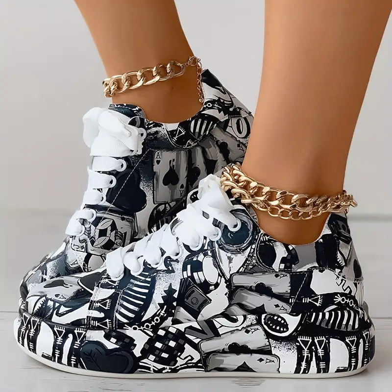 Graffiti-Print Layered Platform Trainers for Women