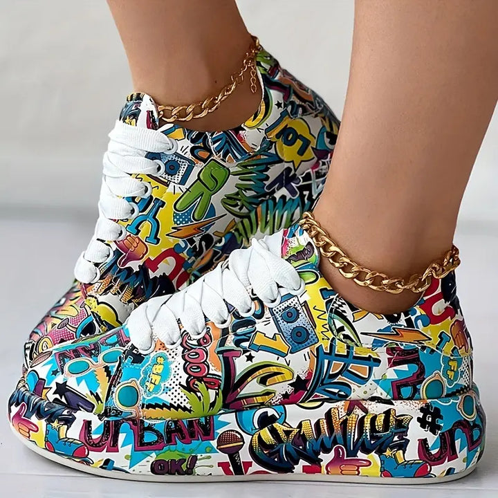 Graffiti-Print Layered Platform Trainers for Women
