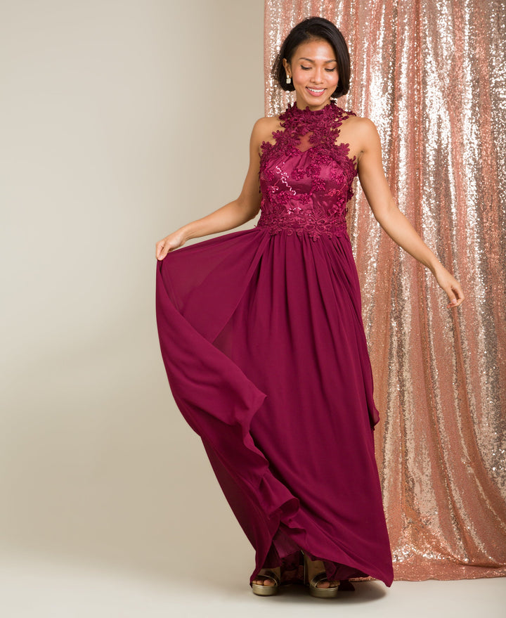 Lace Halterneck Maxi Dress Wine for Women - gallery