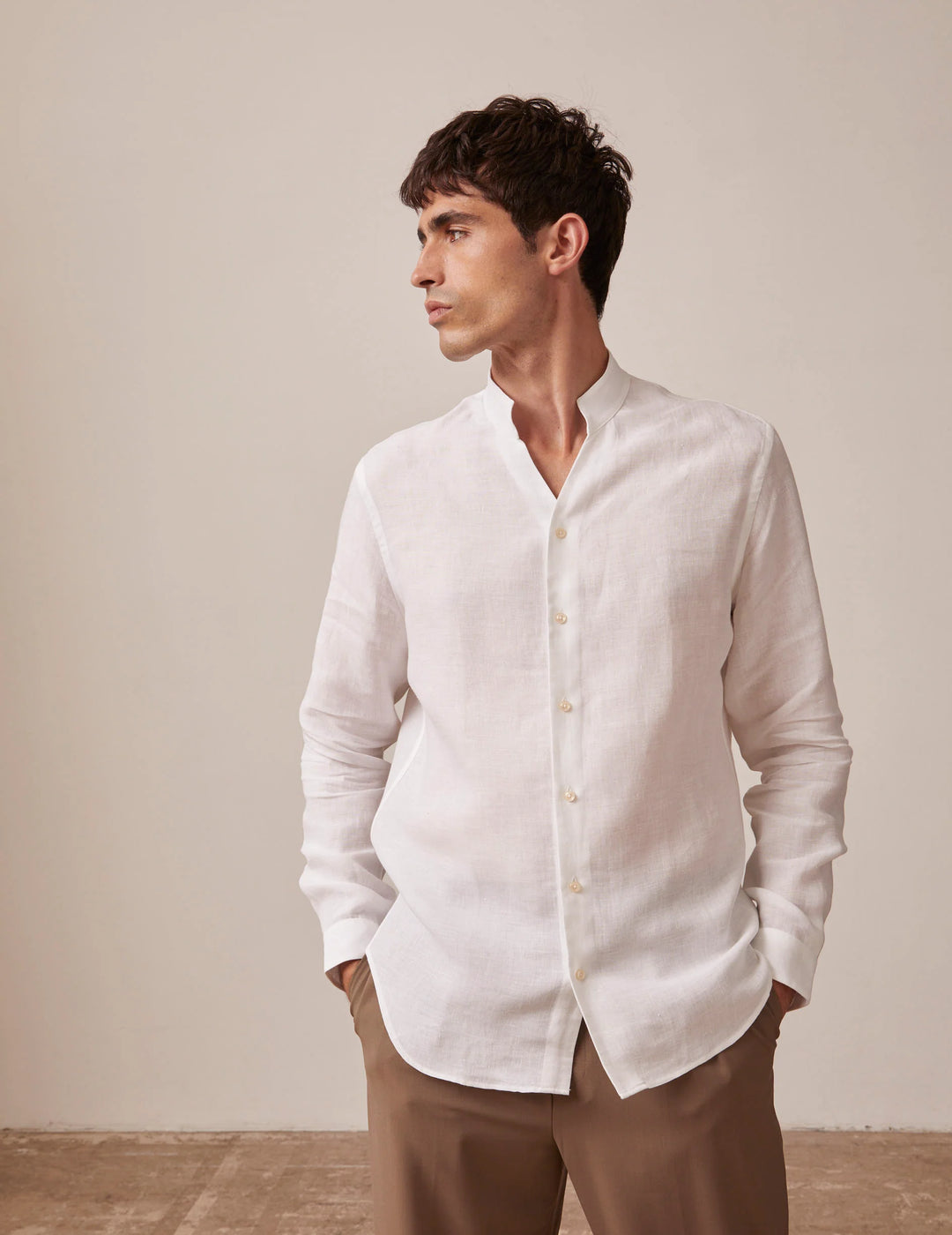 Carl White Linen Shirt with Open Collar for Men