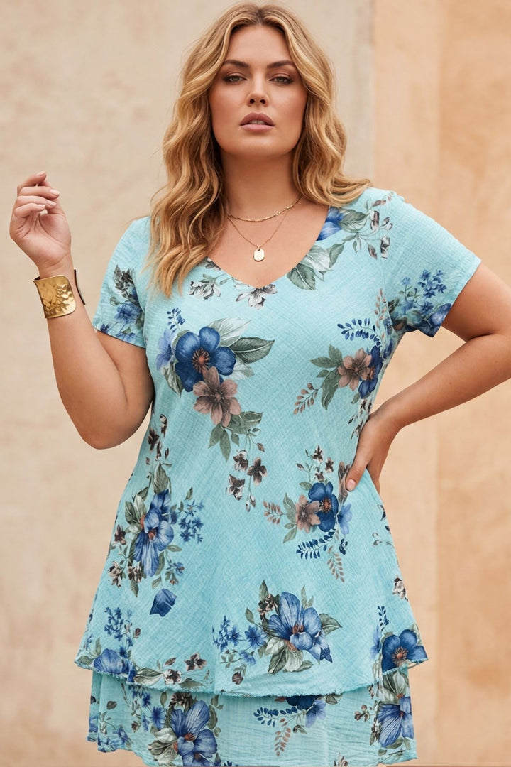 Flower Print Flared Hem Cotton Dress — Turquoise
