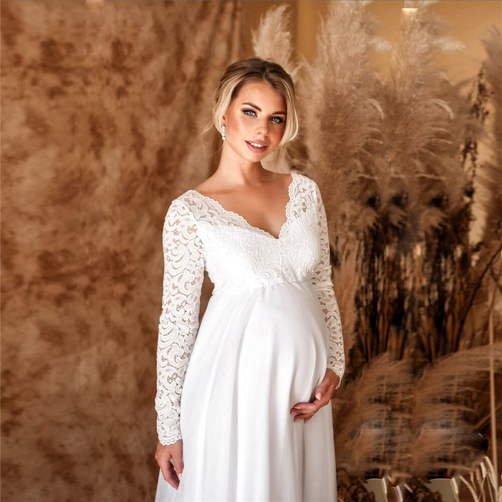 Lace Maxi Dress with V-Neck for Expectant Mothers
