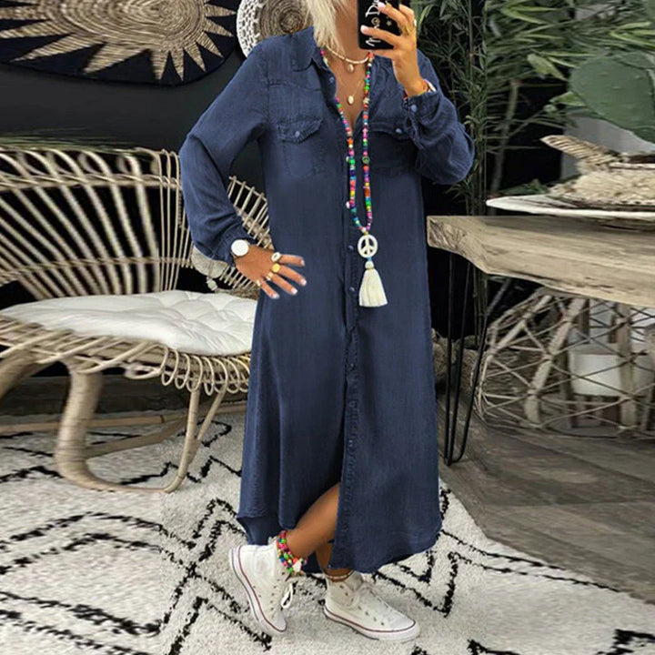 Long-Sleeve Denim Shirt Dress - Relaxed Straight Fit