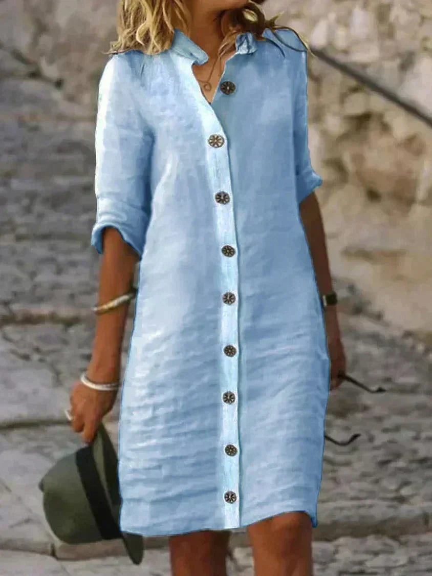 Classic Woven Dress with a V-Neckline and Flared Skirt