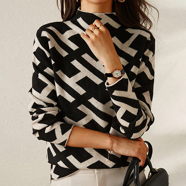 Geometric Knit Jumper with V-Neckline - Relaxed Fit