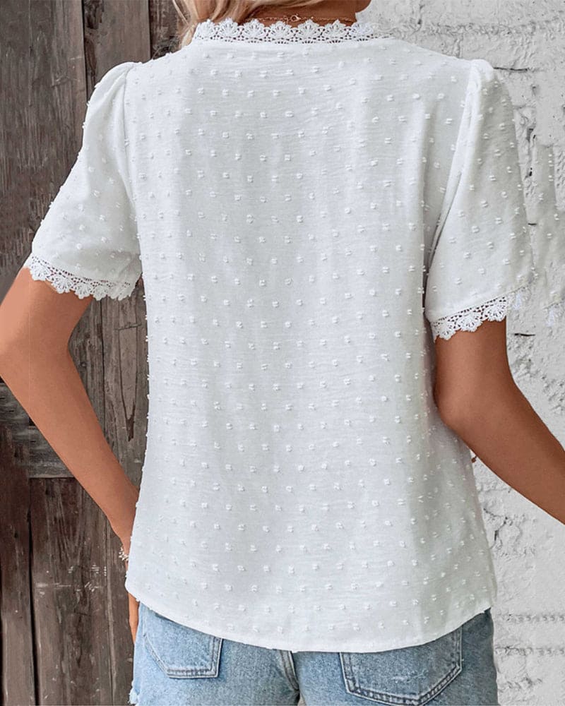 Romy Short Sleeve V-Neck Top with Lace Patchwork Detail