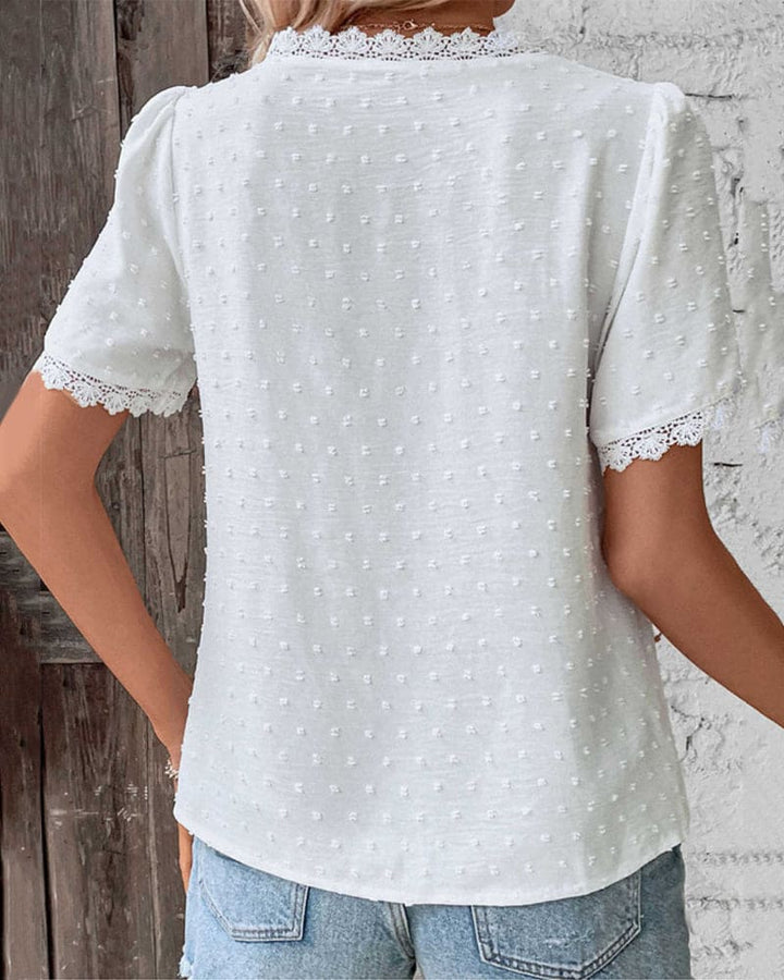 Romy Short Sleeve V-Neck Top with Lace Patchwork Detail