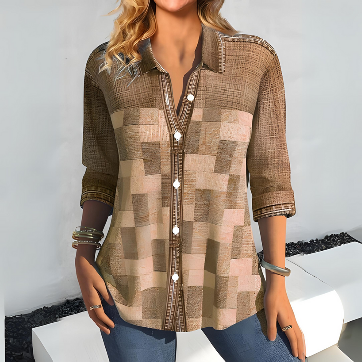 Checked Cotton Blouse with Classic Collar and Button Front