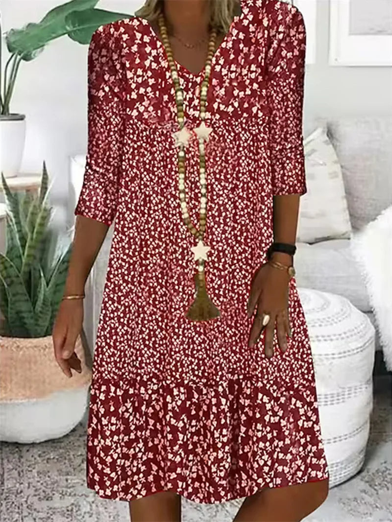 Long-Sleeve Cherry Dress with Round Neckline and Pockets