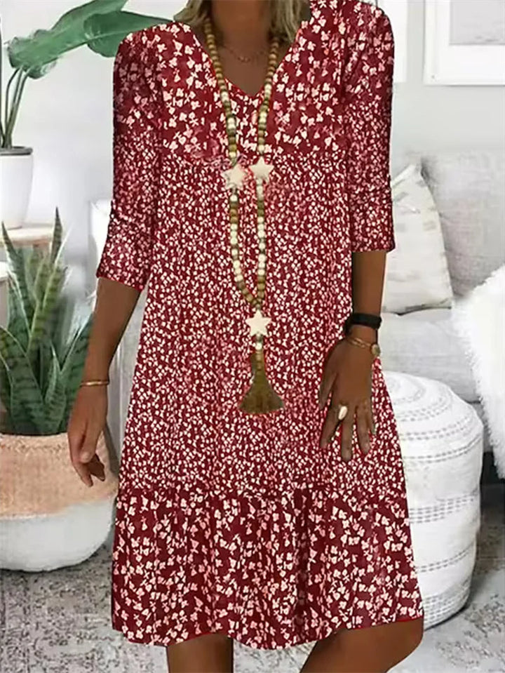 Long-Sleeve Cherry Dress with Round Neckline and Pockets