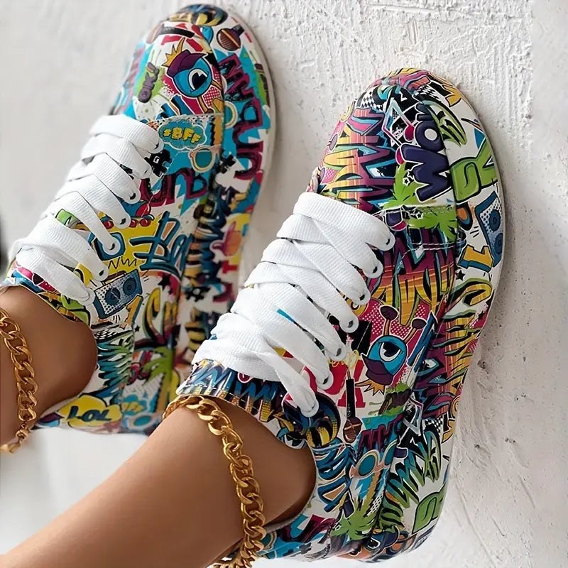 Graffiti-Print Layered Platform Trainers for Women