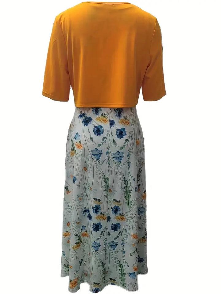Floral Two-Piece Set with Crop Top and Round Neck Dress