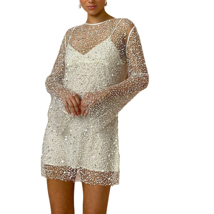Shimmering Mesh Midi Dress with Sheer Glitter Overlay