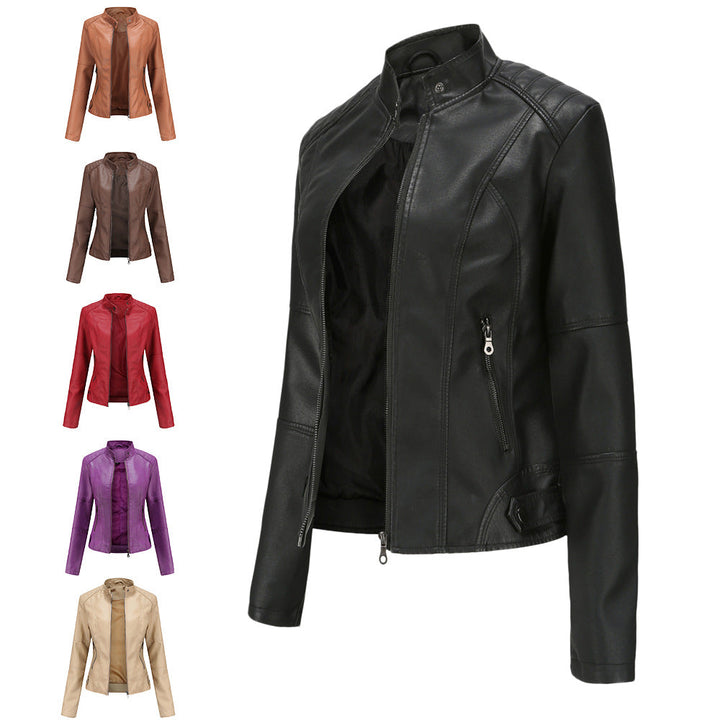 Collarless Biker Jacket in Genuine Leather for Women