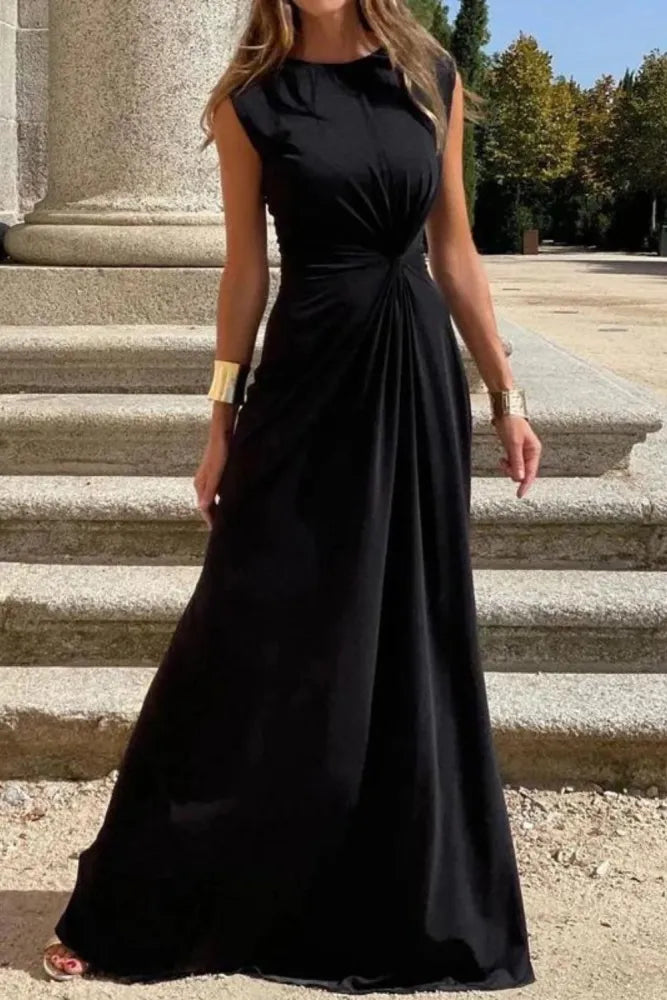 Long Sleeve V-Neck Maxi Dress - Solid Colour Evening Wear