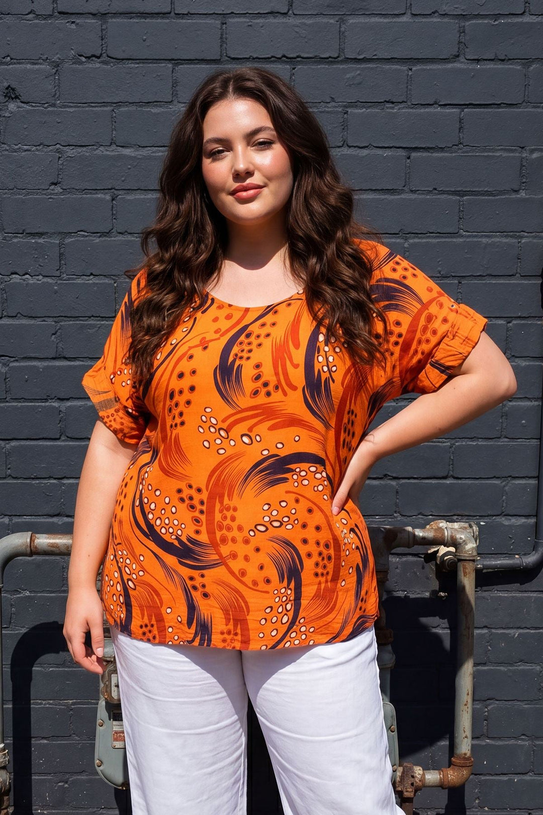 Abstract Print Oversized Tunic Cotton Top for Women - Orange
