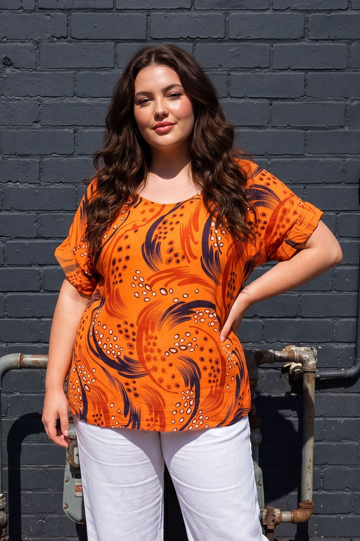 Abstract Print Oversized Tunic Cotton Top for Women - Orange