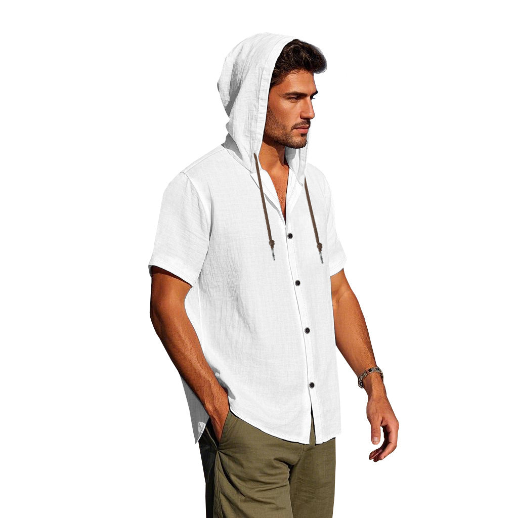 Hooded Short Sleeve Patchwork Shirt for Men - gallery